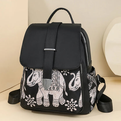 Casual Multifunctional Anti-Theft Women's Backpack Fashion Nylon Elephant Tree Printed Large Capacity Travel Shoulder Bag Sac