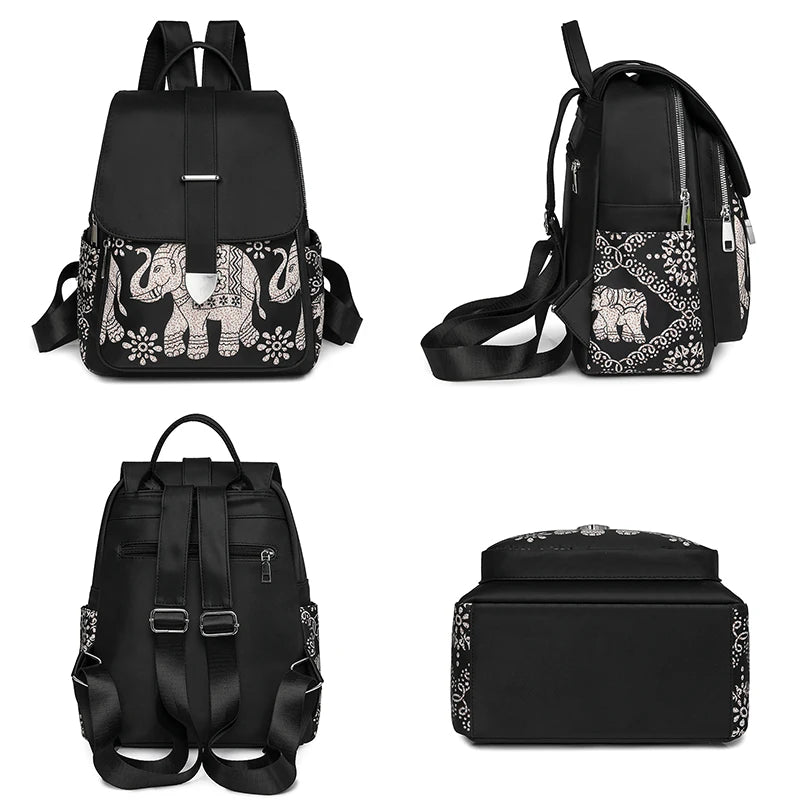 Casual Multifunctional Anti-Theft Women's Backpack Fashion Nylon Elephant Tree Printed Large Capacity Travel Shoulder Bag Sac