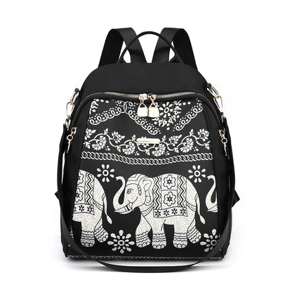 Casual Multifunctional Anti-Theft Women's Backpack Fashion Nylon Elephant Tree Printed Large Capacity Travel Shoulder Bag Sac