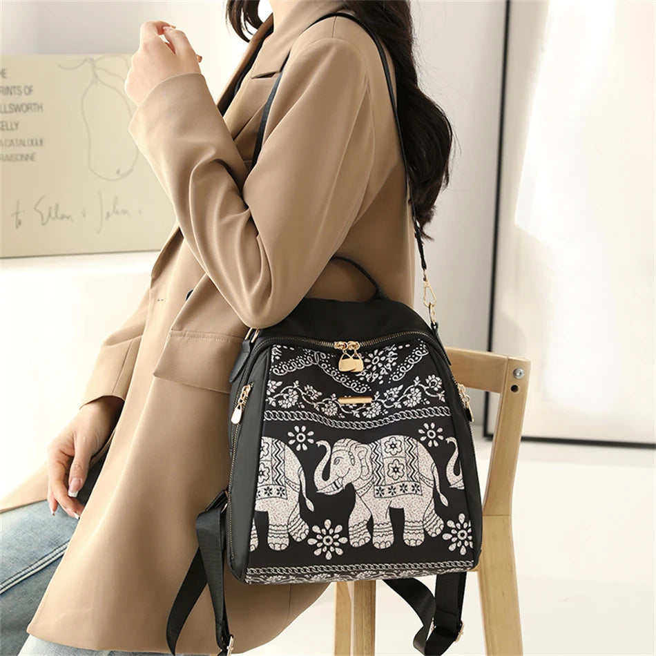Casual Multifunctional Anti-Theft Women's Backpack Fashion Nylon Elephant Tree Printed Large Capacity Travel Shoulder Bag Sac