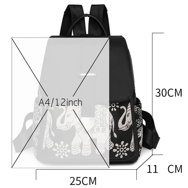 Casual Multifunctional Anti-Theft Women's Backpack Fashion Nylon Elephant Tree Printed Large Capacity Travel Shoulder Bag Sac