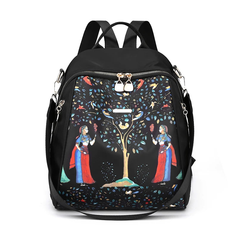 Casual Multifunctional Anti-Theft Women's Backpack Fashion Nylon Elephant Tree Printed Large Capacity Travel Shoulder Bag Sac