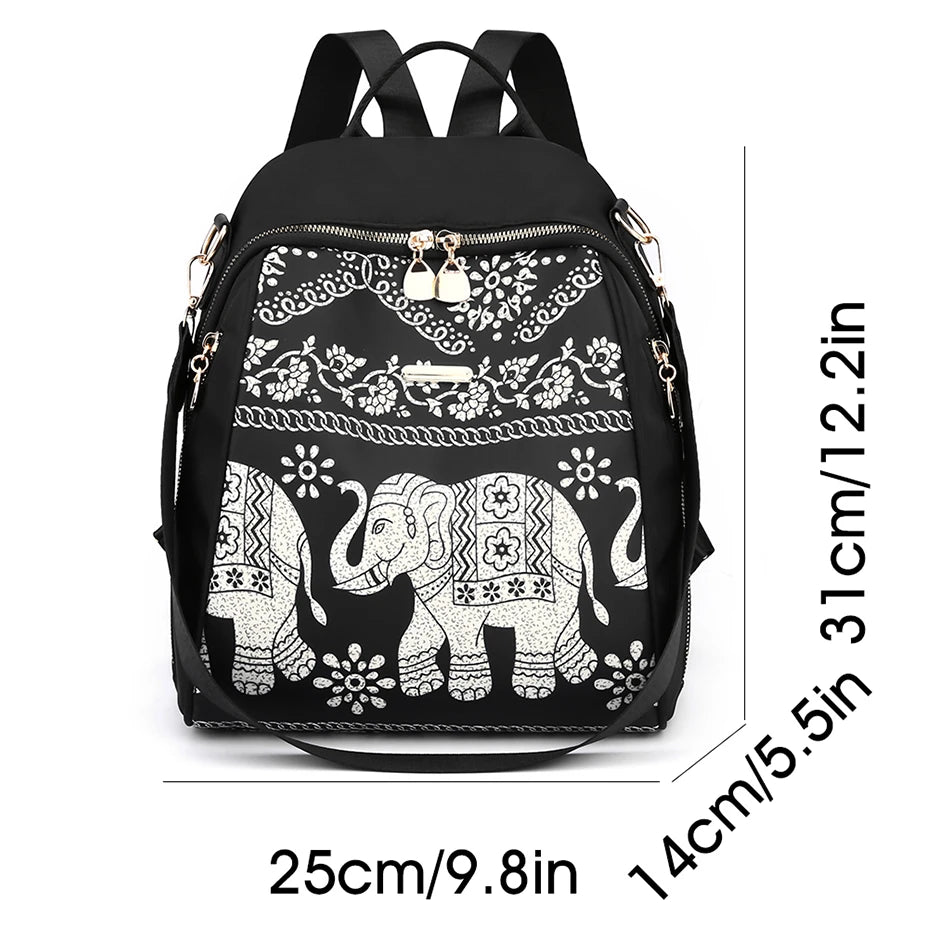 Casual Multifunctional Anti-Theft Women's Backpack Fashion Nylon Elephant Tree Printed Large Capacity Travel Shoulder Bag Sac