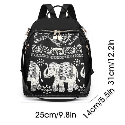 Casual Multifunctional Anti-Theft Women's Backpack Fashion Nylon Elephant Tree Printed Large Capacity Travel Shoulder Bag Sac