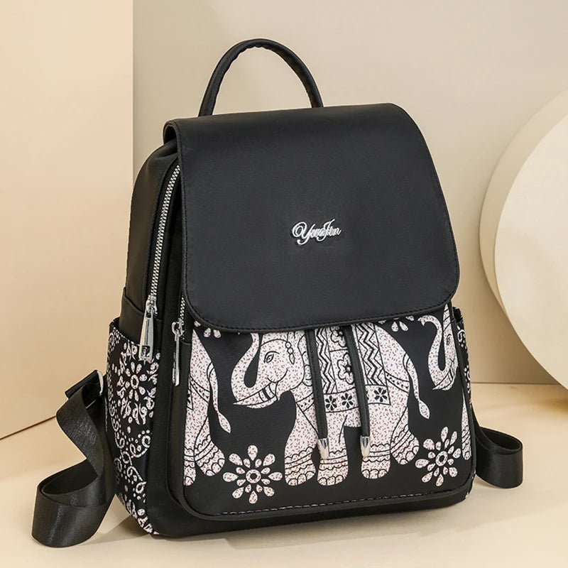 Casual Multifunctional Anti-Theft Women's Backpack Fashion Nylon Elephant Tree Printed Large Capacity Travel Shoulder Bag Sac