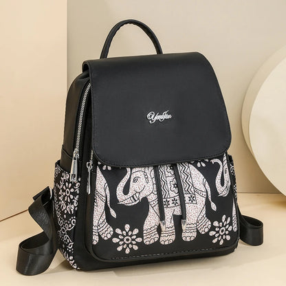 Casual Multifunctional Anti-Theft Women's Backpack Fashion Nylon Elephant Tree Printed Large Capacity Travel Shoulder Bag Sac