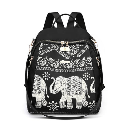 Casual Multifunctional Anti-Theft Women's Backpack Fashion Nylon Elephant Tree Printed Large Capacity Travel Shoulder Bag Sac