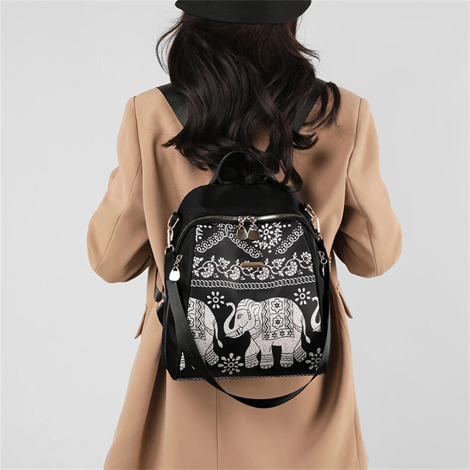 Casual Multifunctional Anti-Theft Women's Backpack Fashion Nylon Elephant Tree Printed Large Capacity Travel Shoulder Bag Sac
