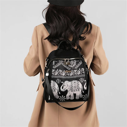 Casual Multifunctional Anti-Theft Women's Backpack Fashion Nylon Elephant Tree Printed Large Capacity Travel Shoulder Bag Sac