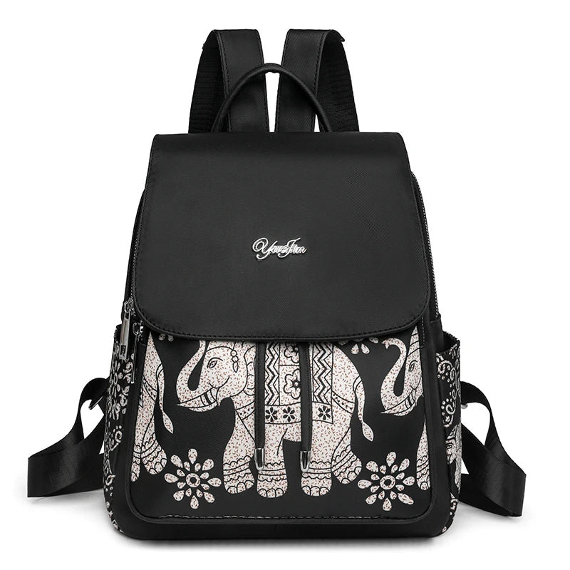 Casual Multifunctional Anti-Theft Women's Backpack Fashion Nylon Elephant Tree Printed Large Capacity Travel Shoulder Bag Sac