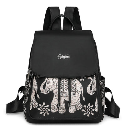Casual Multifunctional Anti-Theft Women's Backpack Fashion Nylon Elephant Tree Printed Large Capacity Travel Shoulder Bag Sac