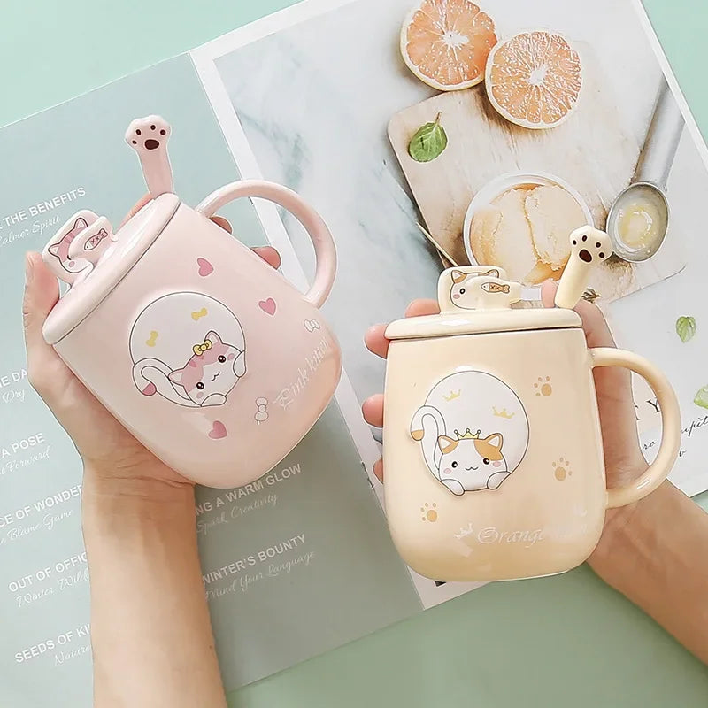 Cat Mug With Lid Spoon Ceramic Cup Cup of Coffee Cups Original Mugs Cups for Coffee and Tea New Year Mugs Drinkware Beautiful