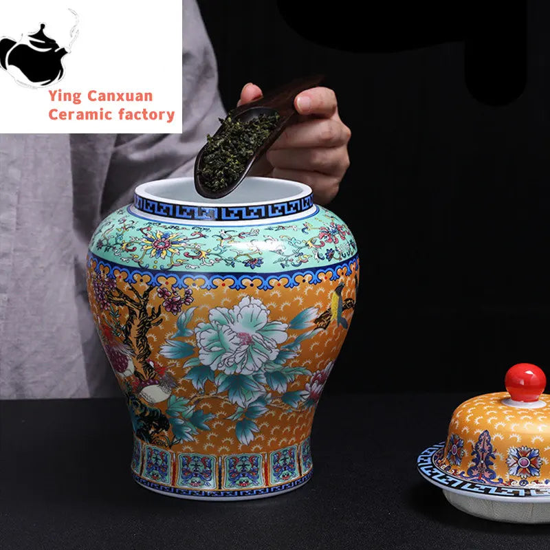 Ceramic Antique Enamel Color Tea Tins Living Room Decoration High Capacity Tea Container Kitchen Nut Moisture-proof Cans