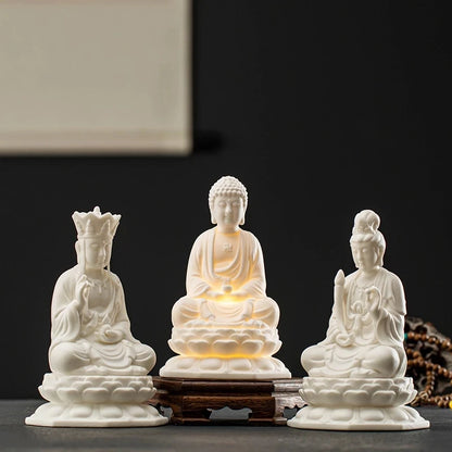 Ceramic Avalokitesvara Shakyamuni Ksitigarbha Statue White Porcelain Material Built-in LED Light Home Decoration Buddha Statue