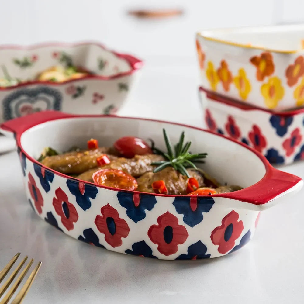 Ceramic Baking Dish Roasting Lasagna Pan  Rectangular Dish Bakeware Pan with Handle Oven Kitchen Baking Tool Moule Gateau Tarte