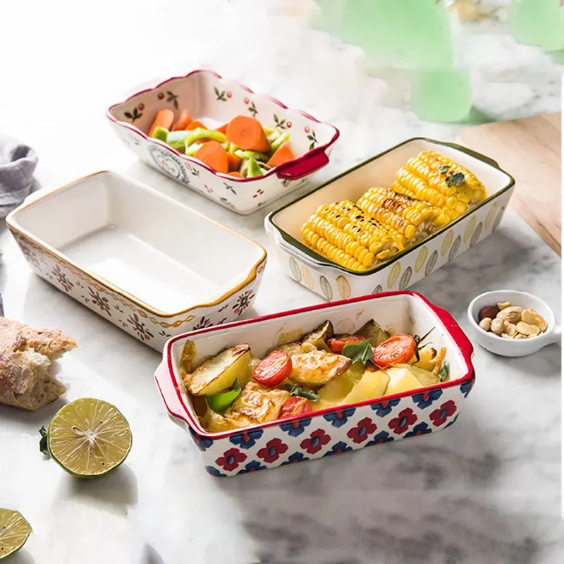 Ceramic Baking Dish Roasting Lasagna Pan  Rectangular Dish Bakeware Pan with Handle Oven Kitchen Baking Tool Moule Gateau Tarte