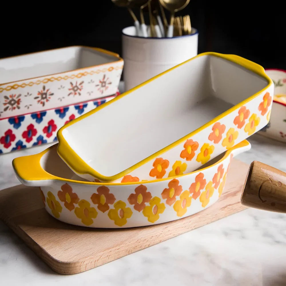Ceramic Baking Dish Roasting Lasagna Pan  Rectangular Dish Bakeware Pan with Handle Oven Kitchen Baking Tool Moule Gateau Tarte