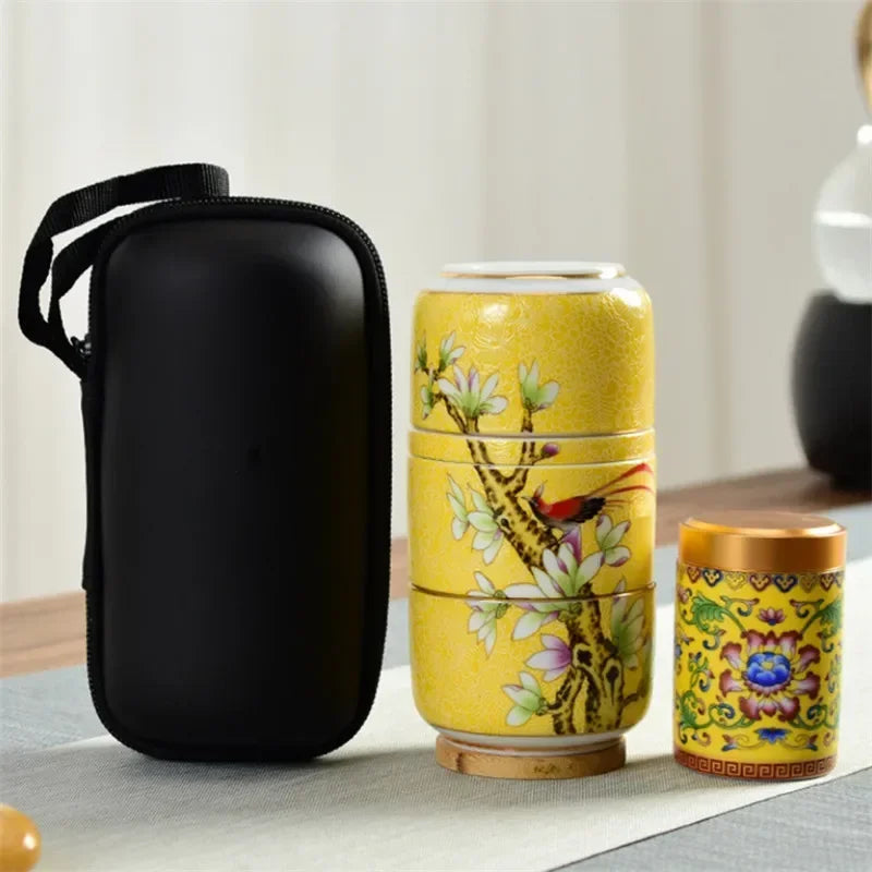Ceramic Chinese Enamel Color Tea Cup Creative Portable Travel Tea Set With Box Office Teapot Sealed Canister Drinkware Gift