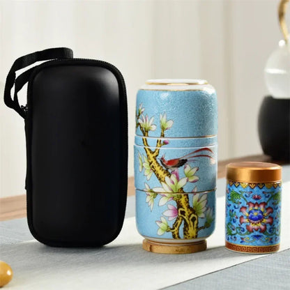 Ceramic Chinese Enamel Color Tea Cup Creative Portable Travel Tea Set With Box Office Teapot Sealed Canister Drinkware Gift