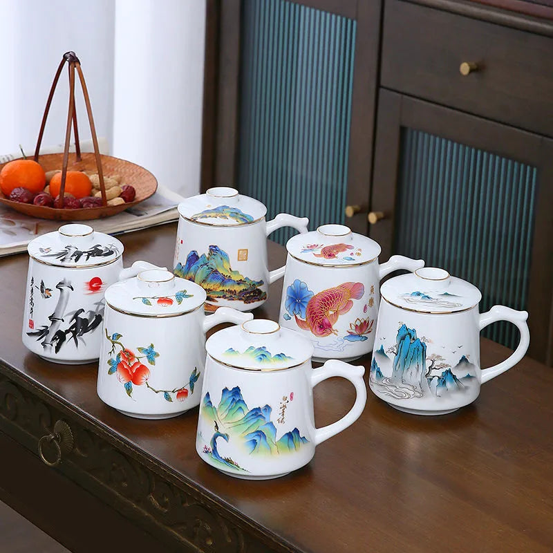 Ceramic Chinese Style Teacups, Drinkware Mugs, Tea Cup Set, Coffee Cups, 400ml, I155