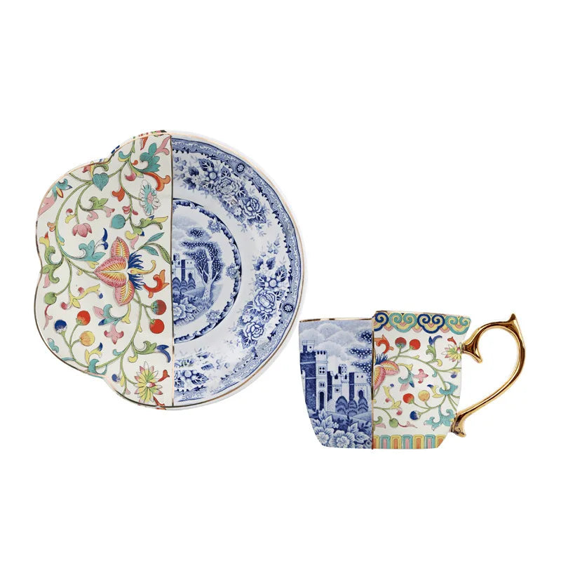 Ceramic Coffee Cup Saucer Gift Box Chinese Style Creative Color Matching Teacup Set Blue and White Porcelain Handle Mug Water