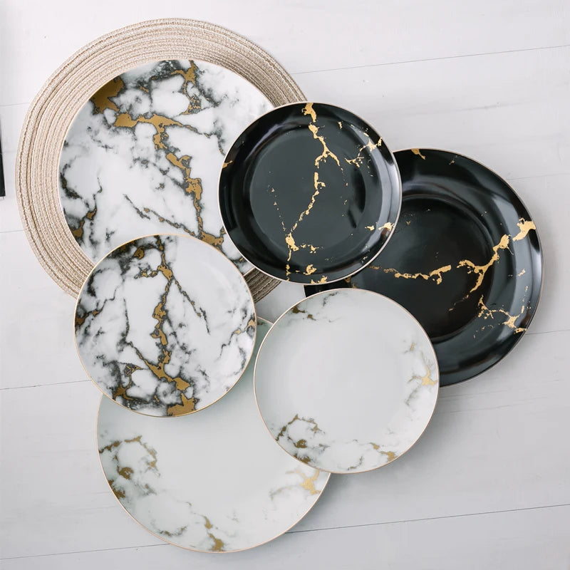 Ceramic Dinner Plate Marble Food Plates Home Tableware Gold Inlay Porcelain Nordic Dessert Steak Salad Snack Cake Plates Dishes