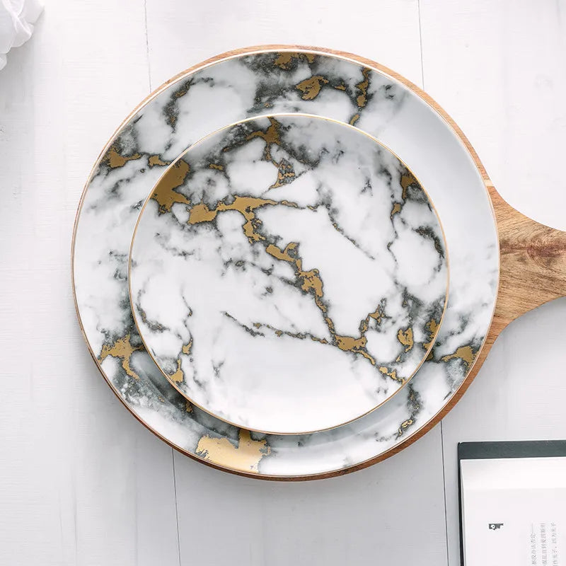 Ceramic Dinner Plate Marble Food Plates Home Tableware Gold Inlay Porcelain Nordic Dessert Steak Salad Snack Cake Plates Dishes