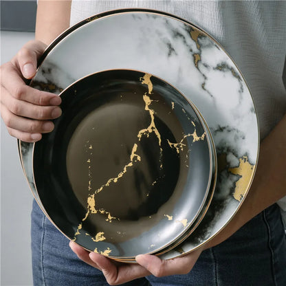 Ceramic Dinner Plate Marble Food Plates Home Tableware Gold Inlay Porcelain Nordic Dessert Steak Salad Snack Cake Plates Dishes