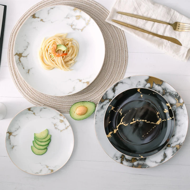 Ceramic Dinner Plate Marble Food Plates Home Tableware Gold Inlay Porcelain Nordic Dessert Steak Salad Snack Cake Plates Dishes