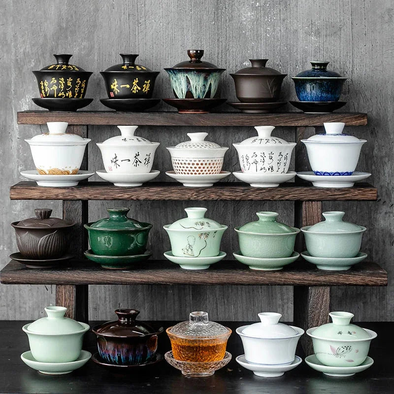 Ceramic Gaiwan jingdezhen Chinese Kungfu Teaset Three talents Tea Bowl Large Teacup Saucer Set Home tea maker Tea ceremony Gift