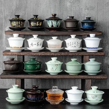 Ceramic Gaiwan jingdezhen Chinese Kungfu Teaset Three talents Tea Bowl Large Teacup Saucer Set Home tea maker Tea ceremony Gift