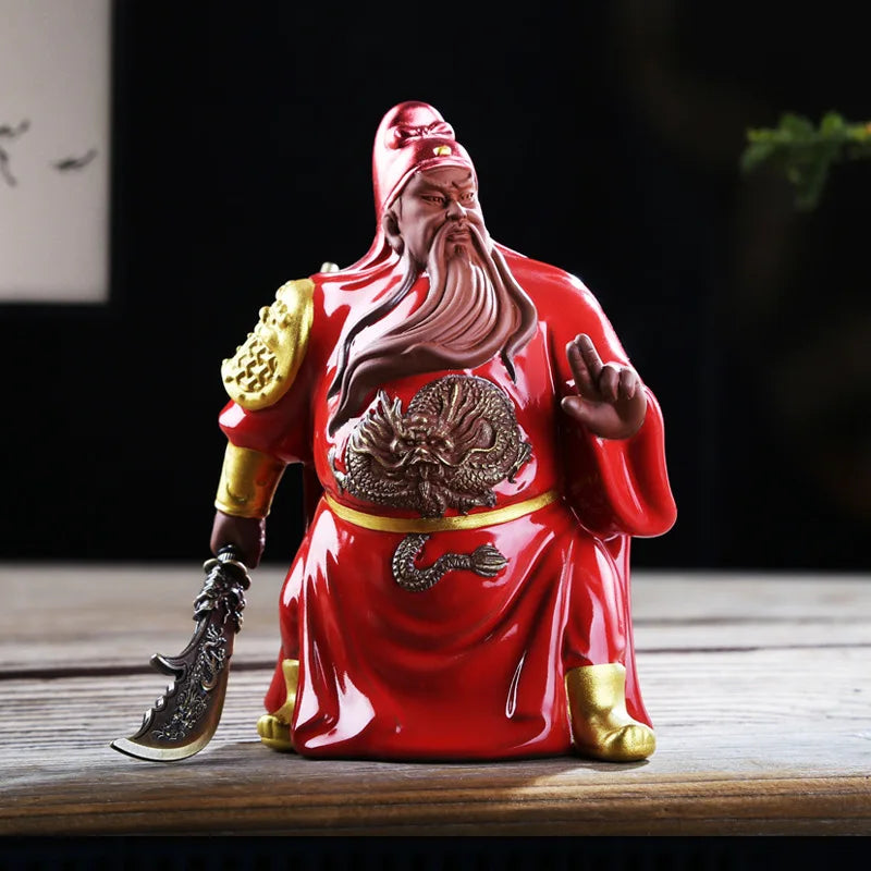 Ceramic Guan Gong Lucky Statue， God of War Guan Character hand-painted Sculpture ，Home living room loft decoration statue