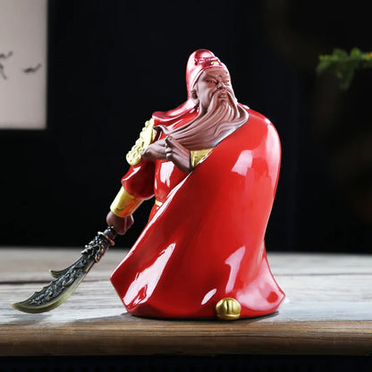 Ceramic Guan Gong Lucky Statue， God of War Guan Character hand-painted Sculpture ，Home living room loft decoration statue