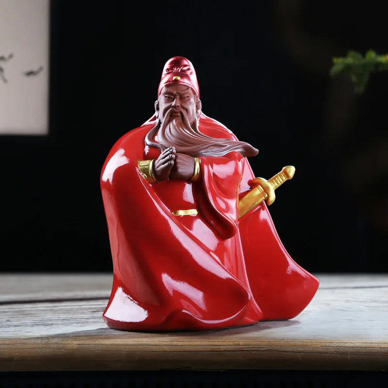 Ceramic Guan Gong Lucky Statue， God of War Guan Character hand-painted Sculpture ，Home living room loft decoration statue