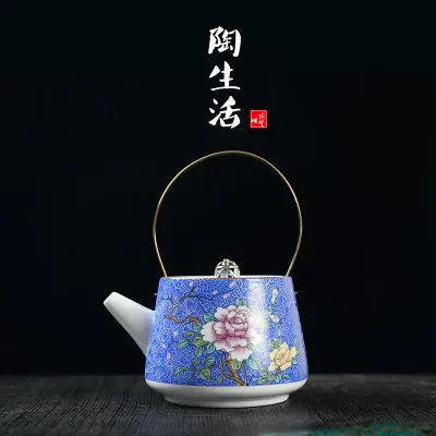 Ceramic Hand-painted Pastel Gold Tea Pot Lifting Beam Pot Kung Fu Da Hong Pao Green Tea Set Blue And White Teaware Free Shipping