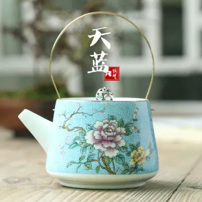 Ceramic Hand-painted Pastel Gold Tea Pot Lifting Beam Pot Kung Fu Da Hong Pao Green Tea Set Blue And White Teaware Free Shipping