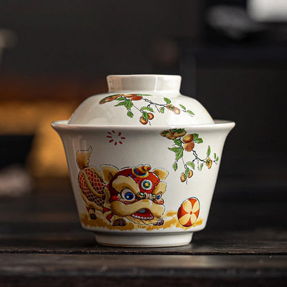 Ceramic Handmade Gaiwan Creative Color Painting Lion Tea Tureen Portable Office Tea Bowl with Cover Teacup Chinese Tea Set