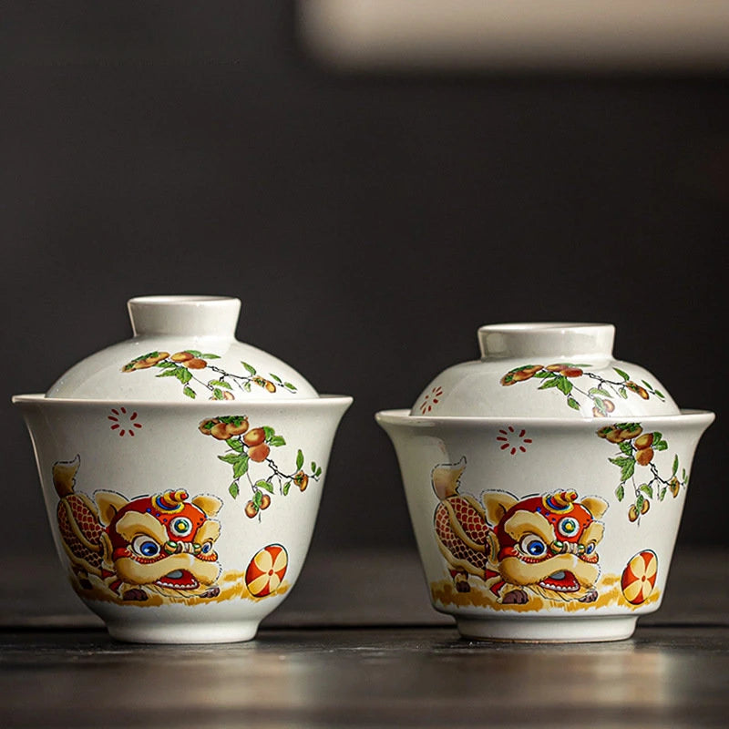 Ceramic Handmade Gaiwan Creative Color Painting Lion Tea Tureen Portable Office Tea Bowl with Cover Teacup Chinese Tea Set