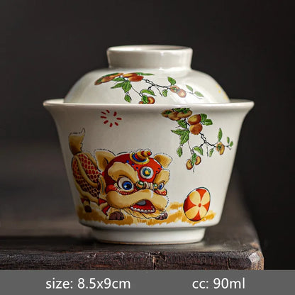 Ceramic Handmade Gaiwan Creative Color Painting Lion Tea Tureen Portable Office Tea Bowl with Cover Teacup Chinese Tea Set