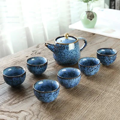 Ceramic Kiln Change Tea Set 6 People Japanese Style Home Office Teapot Teacups Kung Fu Black Tea Set Handmade Teaware