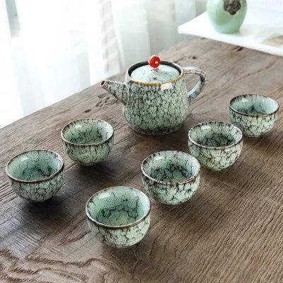 Ceramic Kiln Change Tea Set 6 People Japanese Style Home Office Teapot Teacups Kung Fu Black Tea Set Handmade Teaware