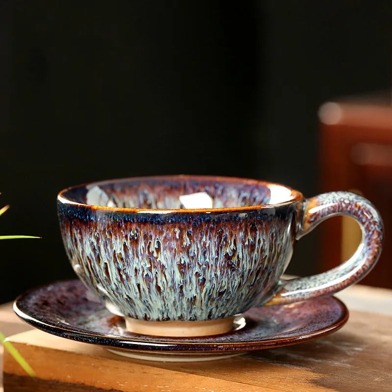 Ceramic Kiln Changed Coffee Cup and Saucer Set Creative Vintage Chinese Breakfast Cups Afternoon Tea Drinking Utensils