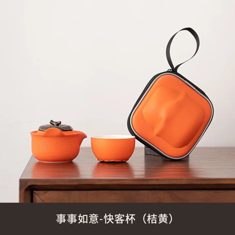 Ceramic Kung Fu Tea Pot Persimmon Shape Teapot and Tea Cup Chinese Pottery Tea Making Outdoor Portable Travel Teaware Tea Set