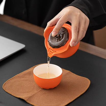 Ceramic Kung Fu Tea Pot Persimmon Shape Teapot and Tea Cup Chinese Pottery Tea Making Outdoor Portable Travel Teaware Tea Set