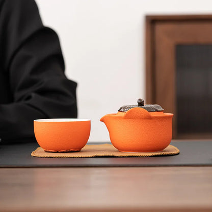 Ceramic Kung Fu Tea Pot Persimmon Shape Teapot and Tea Cup Chinese Pottery Tea Making Outdoor Portable Travel Teaware Tea Set