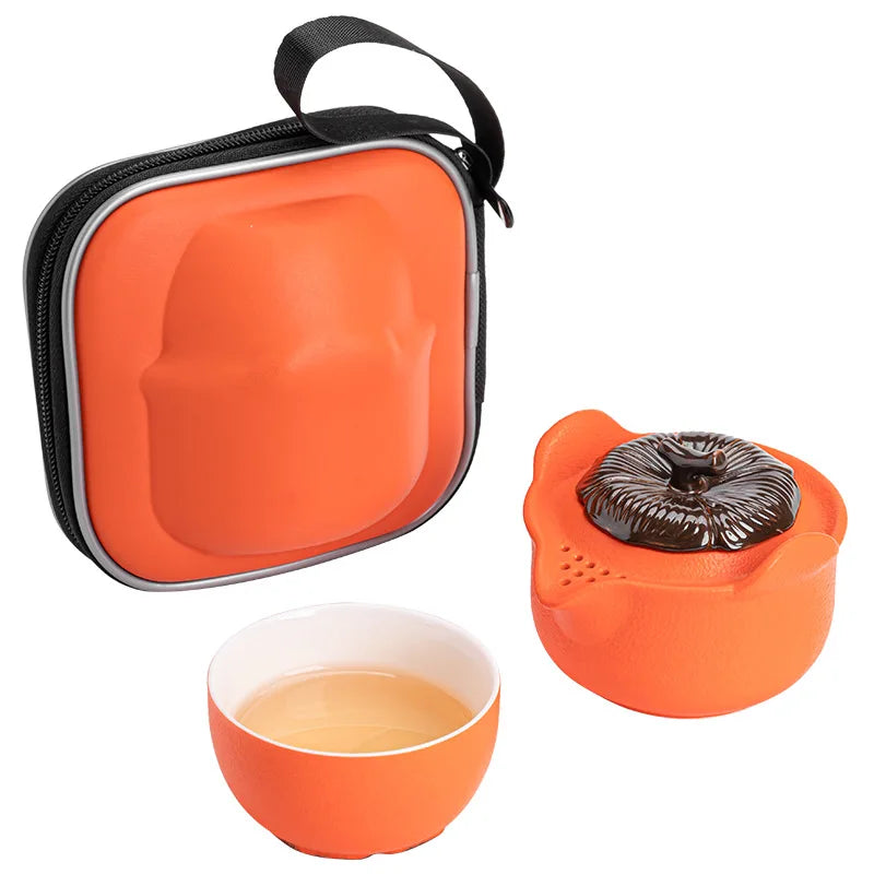 Ceramic Kung Fu Tea Pot Persimmon Shape Teapot and Tea Cup Chinese Pottery Tea Making Outdoor Portable Travel Teaware Tea Set