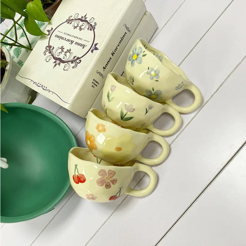 Ceramic Mugs Coffee Cups Hand Pinched Irregular Flower Milk Tea Cup Ins Oatmeal Breakfast Mug Drinkware Kitchen Korean Style