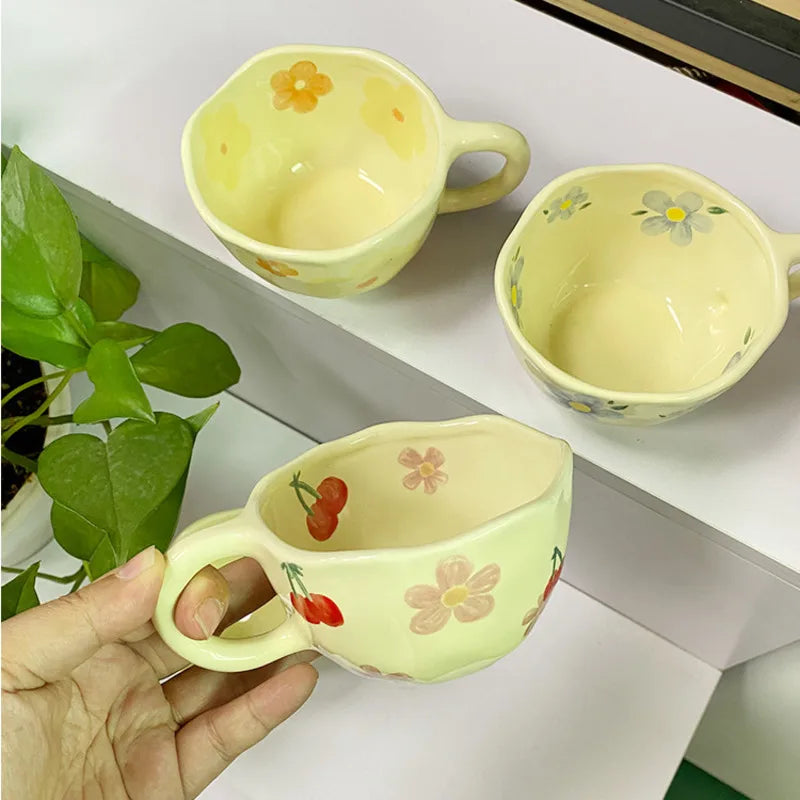 Ceramic Mugs Coffee Cups Hand Pinched Irregular Flower Milk Tea Cup Ins Oatmeal Breakfast Mug Drinkware Kitchen Korean Style