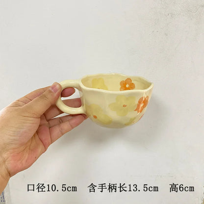 Ceramic Mugs Coffee Cups Hand Pinched Irregular Flower Milk Tea Cup Ins Oatmeal Breakfast Mug Drinkware Kitchen Korean Style