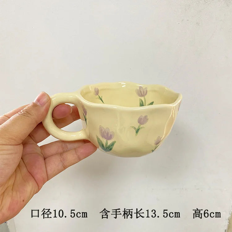 Ceramic Mugs Coffee Cups Hand Pinched Irregular Flower Milk Tea Cup Ins Oatmeal Breakfast Mug Drinkware Kitchen Korean Style